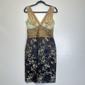 Phoebe Couture Asian Silk Floral Brocade Sheath Cocktail Dress Size 6 V Neck